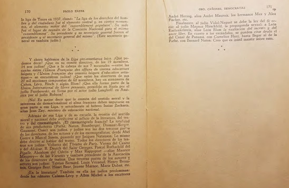 90-La intentona de desnacionalizar el alma francesa deben imputarse a esa liga de malignos colocados en todos los puestos de importancia hasta en el cinematógrafo los productores son judíos sus directores, actores y los escenografistas tienen todo para difundir fake news...