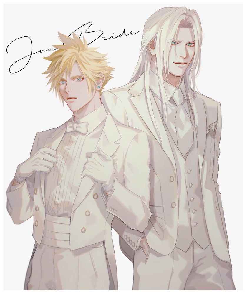 cloud strife ,sephiroth multiple boys 2boys blonde hair male focus formal gloves suit jacket  illustration images