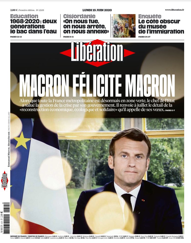A la une de Libé ce lundi : Macron félicite Macron liberation.fr/liseuse/public…