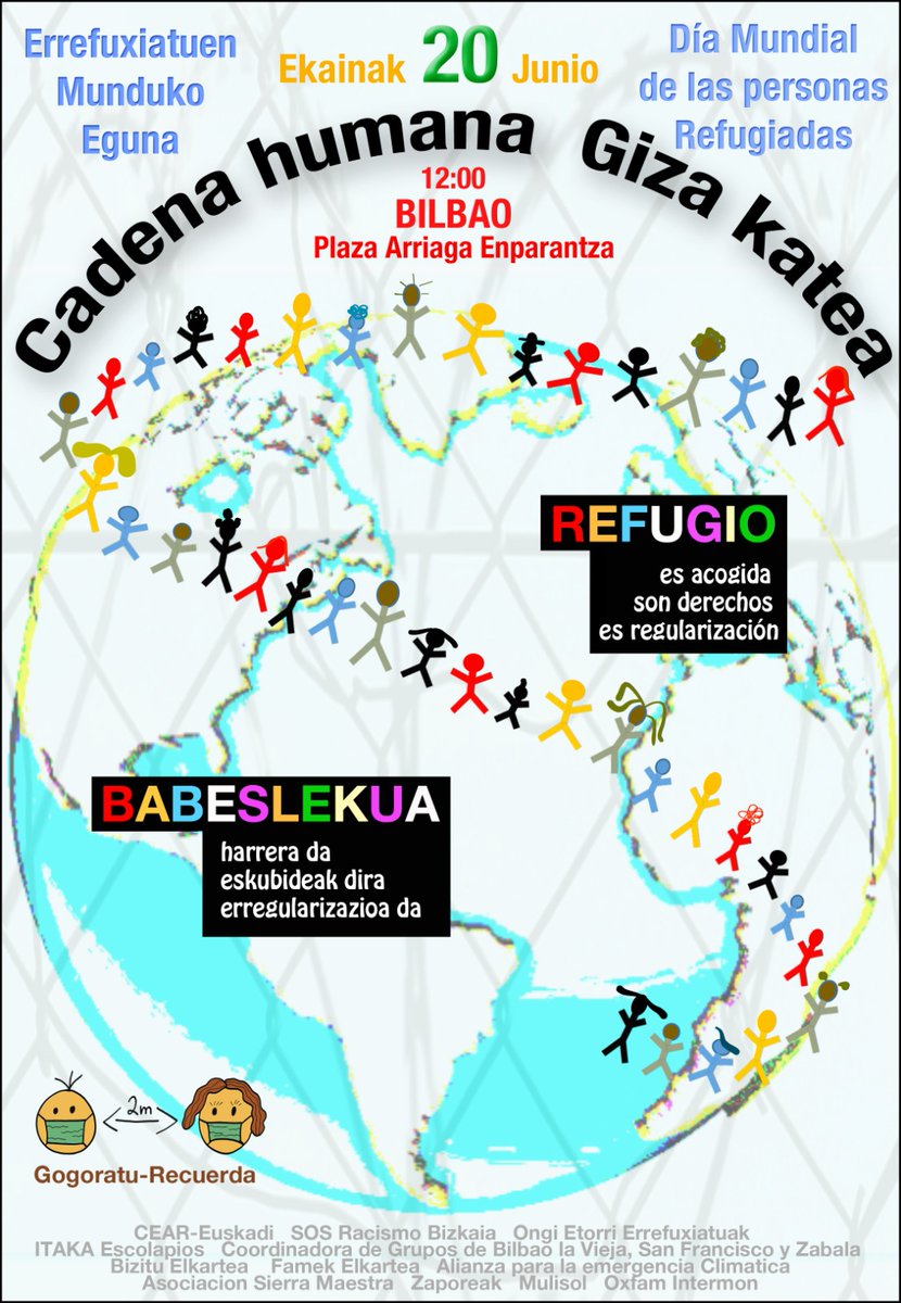 📣 Ekainak 20. Errefuxiatuen Munduko Eguna.
Giza katea. Babeslekua harrera da, eskubideak dira, erregularizazioa da.
📍Plaza Arriaga enparantza
🕛 12:00etan