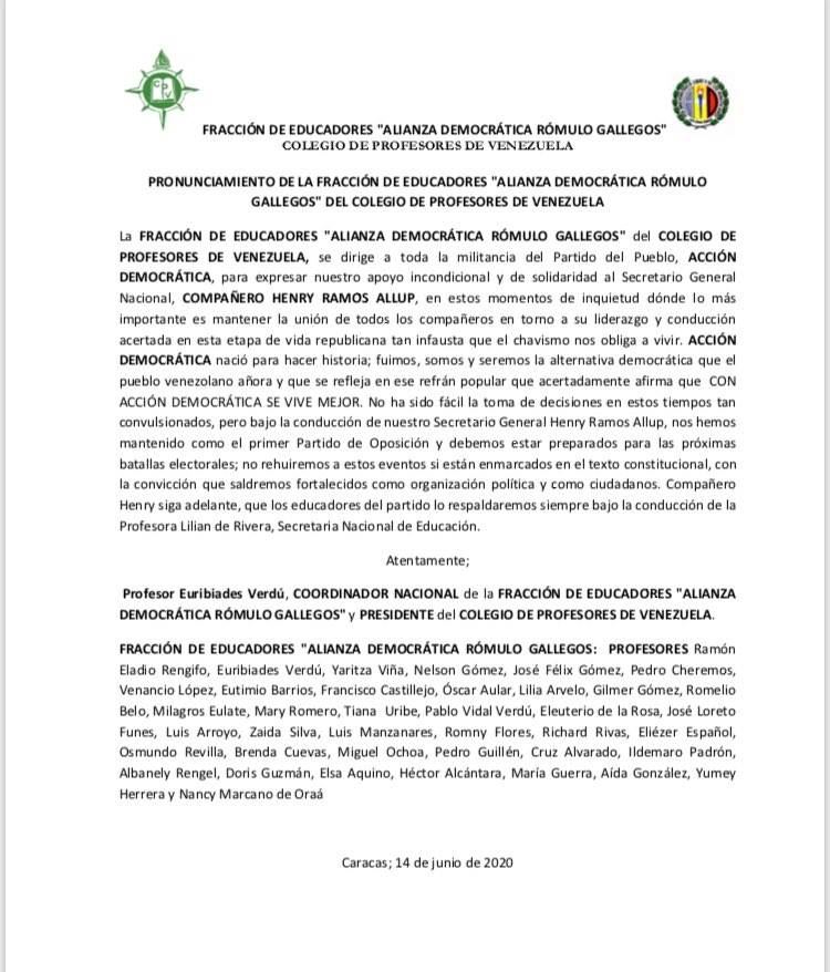 yaritzavina's tweet photo. La FRACCIÓN DE EDUCADORES “ALIANZA DEMOCRÁTICA RÓMULO GALLEGOS” del COLEGIO DE PROFESORES DE VENEZUELA, manifiesta su incondicional apoyo y solidaridad al Sec. Gen. Nac. de Acción Democrática, COMPAÑERO @hramosallup. #XUnaVzlaLibreYDeLosVenezolanos. https://t.co/M7k4pYN3ob
