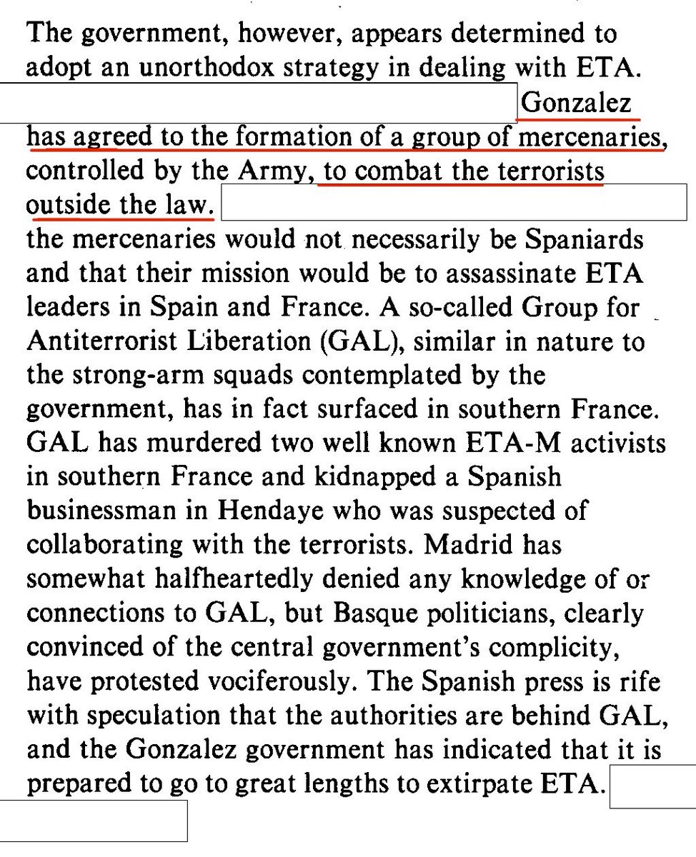 The CIA just declassified documents proving that Felipe González, Spanish PM from 1982 to 1996 and long-time leader of PSOE knew and agreed on the creation of GAL, a State Terrorism group that killed around 30 people in the eighties.