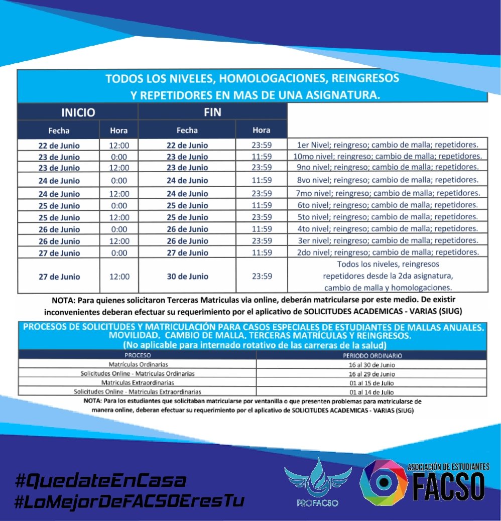 JoshuaMerchan7's tweet photo. Fechas y horas para la matriculación del ciclo I periodo académico 2020-2021

Joshua Merchán
Presidente de AsoFacso 

#ASOFACSO #PROFACSO #LoMejordeFACSOEresTú 💙 💪🏼
#QuédateenCasa https://t.co/9XWEQ5khKK