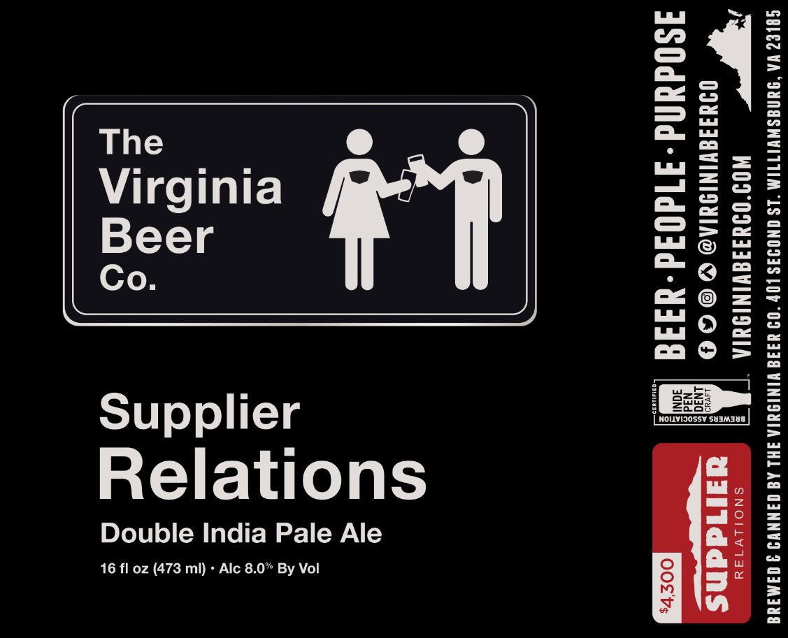VirginiaBeerCo's tweet photo. -π’-π-π€΅π»-
Supplier Relations is a new DIPA now available from The Virginia Beer Brewing Company. Pairs well with bears, beets, Battlestar Galactica, & chili. And it's the perfect beer to take with you when you're running away from your responsibilities.
-ποΈ-π¨οΈ-β΅-
#GetEthical https://t.co/lKorjAdFNz