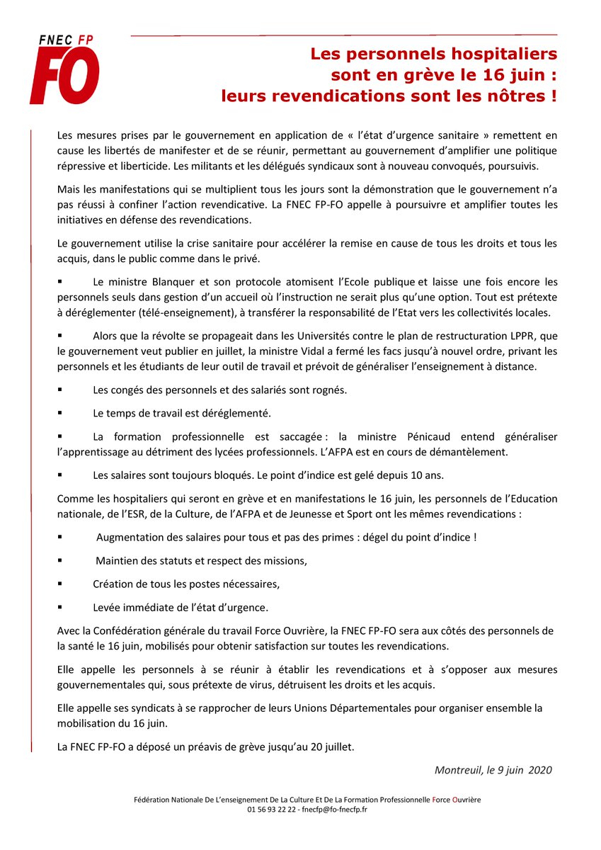 SNFOLC_national's tweet photo. #FO sera présente avec les hospitaliers le mardi #16juin!
Les personnels de l’Education nationale, ont les mêmes revendications:
Augmentation des salaires pour tous
Maintien des statuts et respect des missions.
Création de tous les postes nécessaires.
Levée de l'Etat d'urgence https://t.co/qas3wBKZ4J