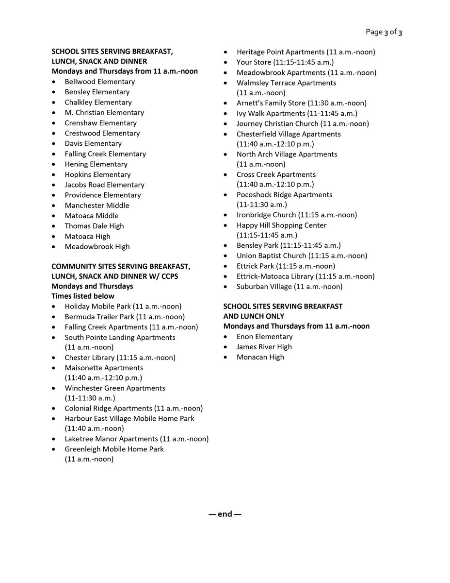 In case you missed it...As we shift into summer meals support, please note there are changes to days, times &amp; some distribution locations beginning this week. To better serve our families, a few school sites &amp; off-site locations will change beginning June 15.
#oneCCPS #CCPSstrong