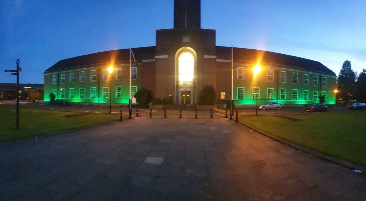 SalfordCouncil's tweet photo. This evening as it goes dark the civic centre will be lit #GreenforGrenfell  remembering all those who lost their lives on that horrific night three years ago. https://t.co/83efEN2MJp