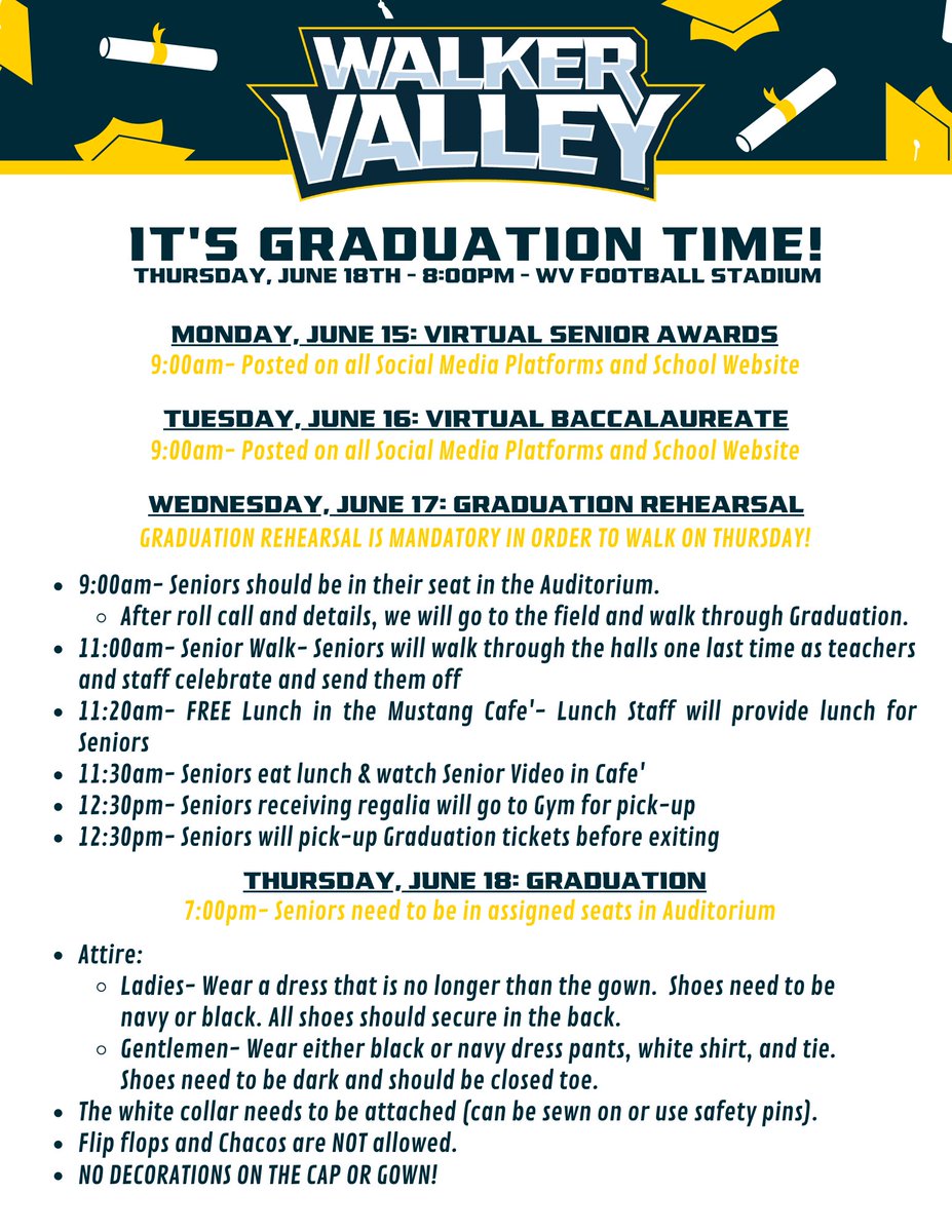 🎓 GRADUATION WEEK INFO 🎓

Attached is all of the important information for GRADUATION WEEK!  We can’t wait to celebrate you and all of your accomplishments as Mustangs! 🎉🐴#OneValley #dubVfamily