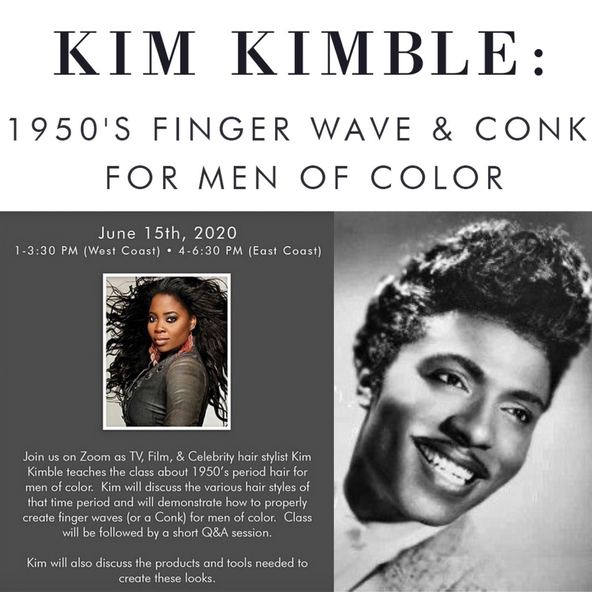 KimbleHairCare's tweet photo. 🚨New Kimble Class Alert🚨 

Starting MONDAY I'm teaching a series of 4 classes via Zoom! First up: 1950s Styles for Men of Color. Register for all 4 classes to save! Presented by @FrendsBeauty. 50% of the proceeds to benefit @ThruGuidance.  https://t.co/LfbnvDLTfF https://t.co/KcYCszoNSH