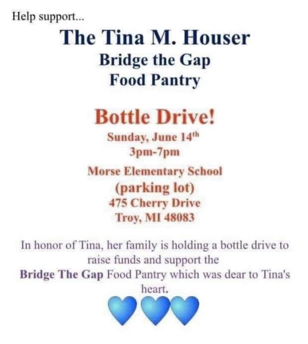 troyschools's tweet photo. Do you have lots of returnable cans and bottles laying around? Bring them to Morse Elementary today from 3-7pm to help fund our Bridge the Gap grocery program. This can drive is in honor of Tina Houser, a longtime Morse employee who died this year. https://t.co/y2ERRF00qv