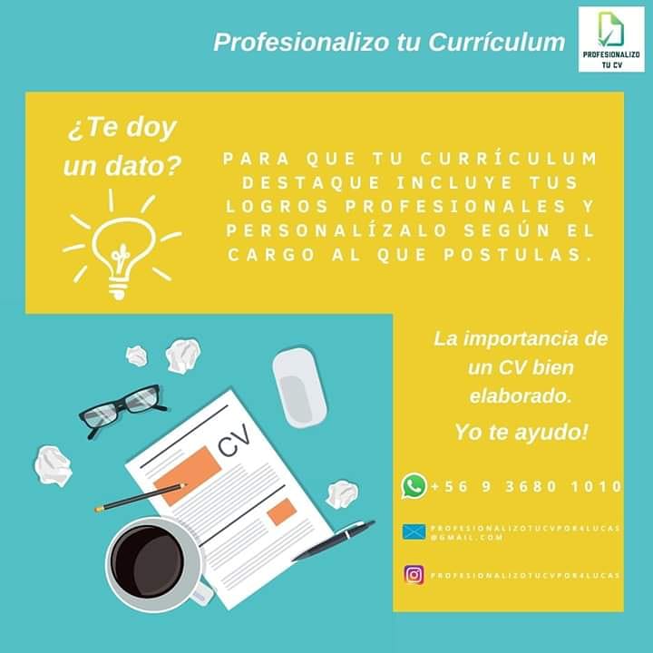 protucv's tweet image. Como Psicóloga experta en Empleabilidad y Selección de Personal, te puedo ayudar a profesionalizar tu CV!

Cobtacrame al +56 9 36801010