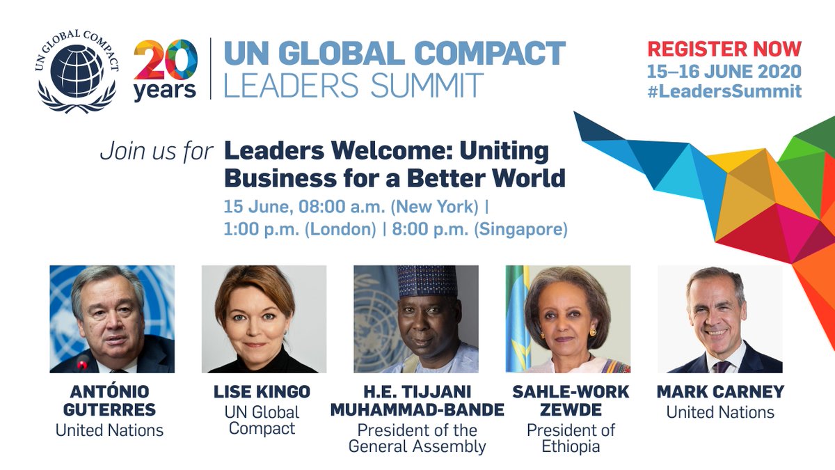 globalcompact's tweet image. Tomorrow, the 2020 UN @globalcompact #LeadersSummit kicks off with “Leaders Welcome: #UnitingBusiness for a Better World.” 

This virtual event continues over 15–16 June with high-level panel discussions and speakers from all over the globe. Register now: registration.unglobalcompact.org/website/12559/…