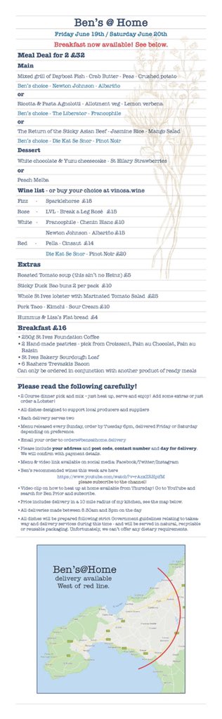 New menu for Ben’s at home now live orders@bensathome.delivery for next weekend