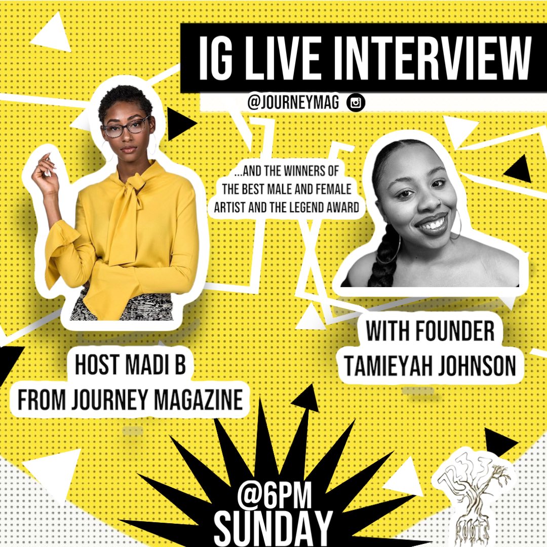 7233Roots's tweet photo. Let’s get down to the Roots! Join the Instagram Live interview🎥hosted by @Journeymag ‘s Madi B, featuring founder of @7233roots, Tamieyah Johnson, as we discuss the humble beginnings of their music production studio and last night’s 2020 LEGEND AWARDS! 🤩 #GettingToTheRoots https://t.co/gpCPqunqyD