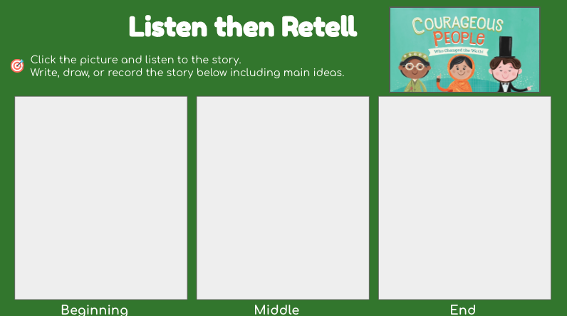Reading Response Template for our younger students!

➡️ listen to video story <a href="/vooks/">Vooks</a> 
➡️ retell- Ss can choose to write, illustrate, or record
➡️ no sign in required, share <a href="/BookCreatorApp/">Book Creator Team</a> link

#bcell #ellchat #coteachat