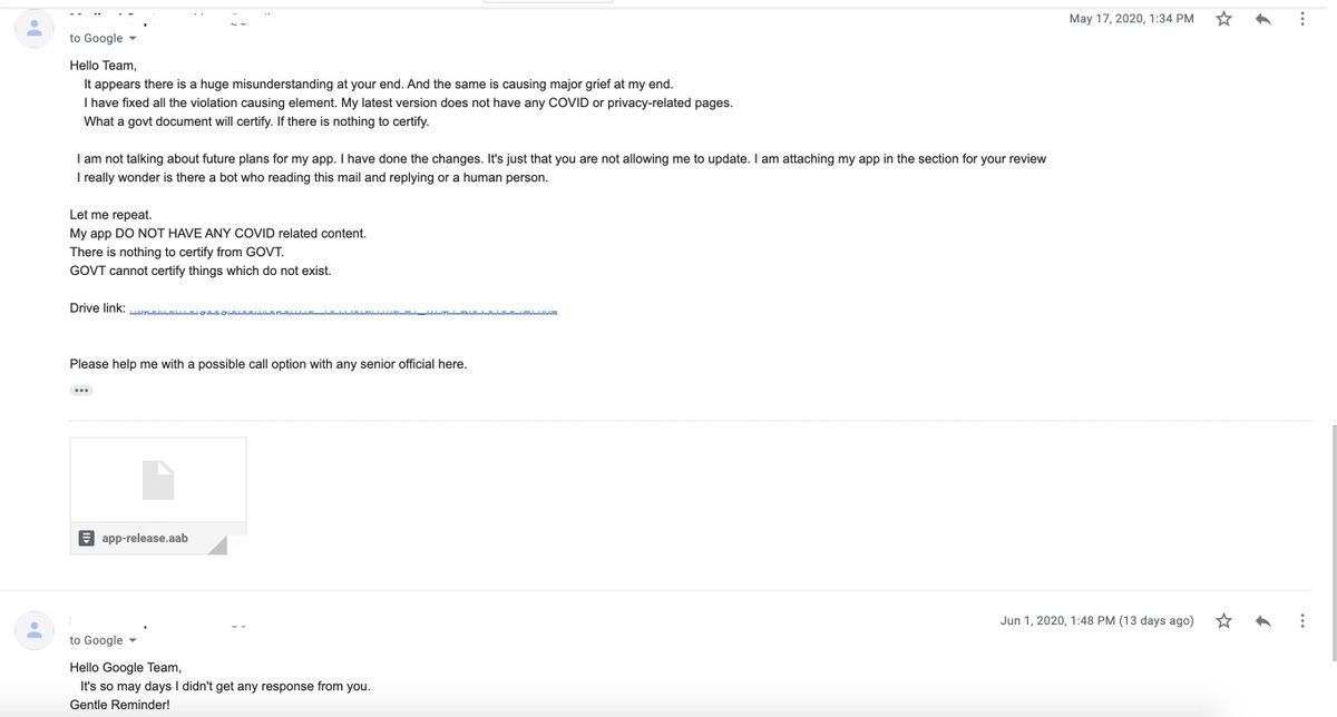 techmadhuri's tweet image. @GooglePlayDev Termination of my google play A/C. I have fixed all the violations. Latest version does not have any COVID or privacy-related pages. It's just that you are not allowing me to update. I've sent mails to review, but nobody is replying to my mail.