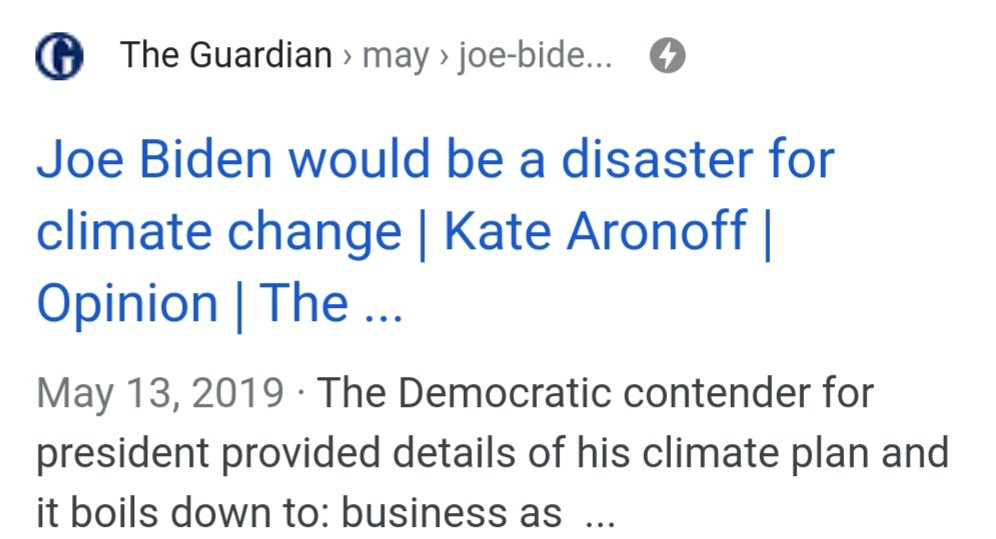 8. On the climate, Joe's record is abysmal. Trump's is worse.However, the differences between them are so negligable that they have the same catastrophic outcome.We need nothing less than the Green New Deal that both Trump and Joe both reject.