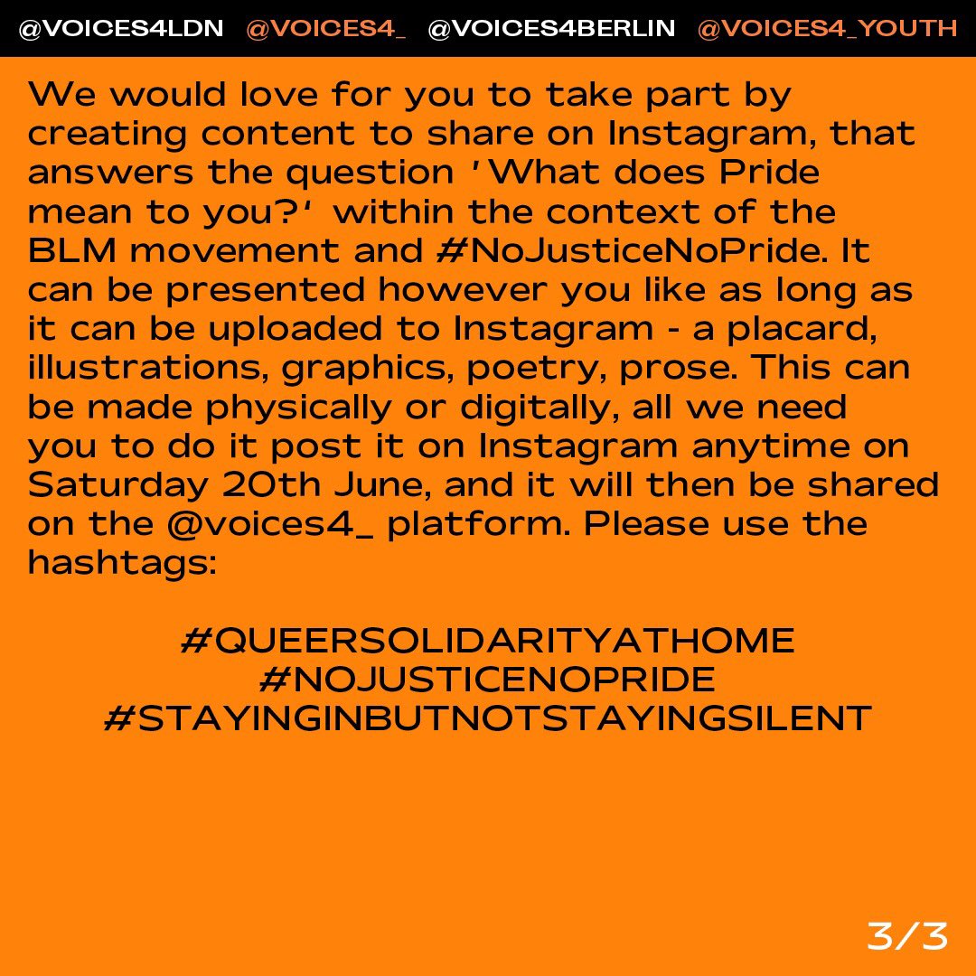 Voices4L's tweet photo. QUEER SOLIDARITY AT HOME ✊🏾🧡We have an opportunity to refocus our attention on the most urgent issues affecting our community. On Saturday 20th June we’re holding Queer Solidarity At Home, an online Pride event in solidarity with Black queers and the Black Lives Matter movement. https://t.co/vT9yGqccfX