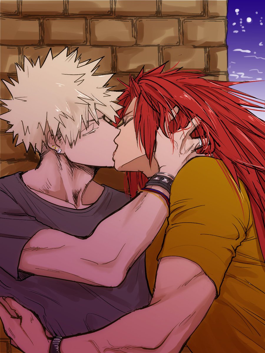 multiple boys male focus 2boys yaoi spiked hair red hair kiss  illustration images