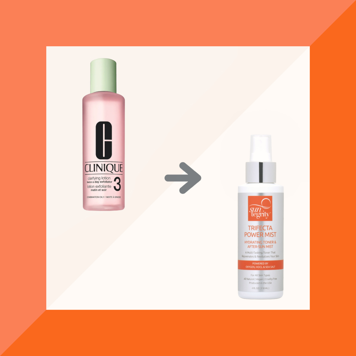 Suntegrity's tweet photo. Put your toner to the test! Theirs uses dyes like Red 6 &amp; Orange 4. Ours is dye-free and made from just 3 simple ingredients to tone and hydrate. Try swapping Clinique's Clarifying Lotion 3 for our TRIFECTA Power Mist, a hydrating toner &amp; after-sun mist. 

#cleanswap #suntegrity https://t.co/3ZJPFvdLVj