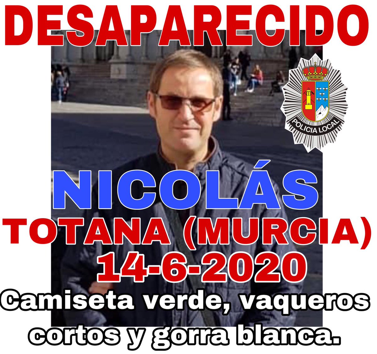 🚨 Desaparecido en Totana, Nicolás, vendedor de la <a href="/ONCE_oficial/">ONCE</a> vecino de #Totana

Visto por última vez sobre las 9 de la mañana. 
<a href="/guardiacivil/">Guardia Civil</a>, <a href="/PCivil_Totana/">Protección Civil</a> y Policía Local de Totana colaboran para su localización.

RT 🙏