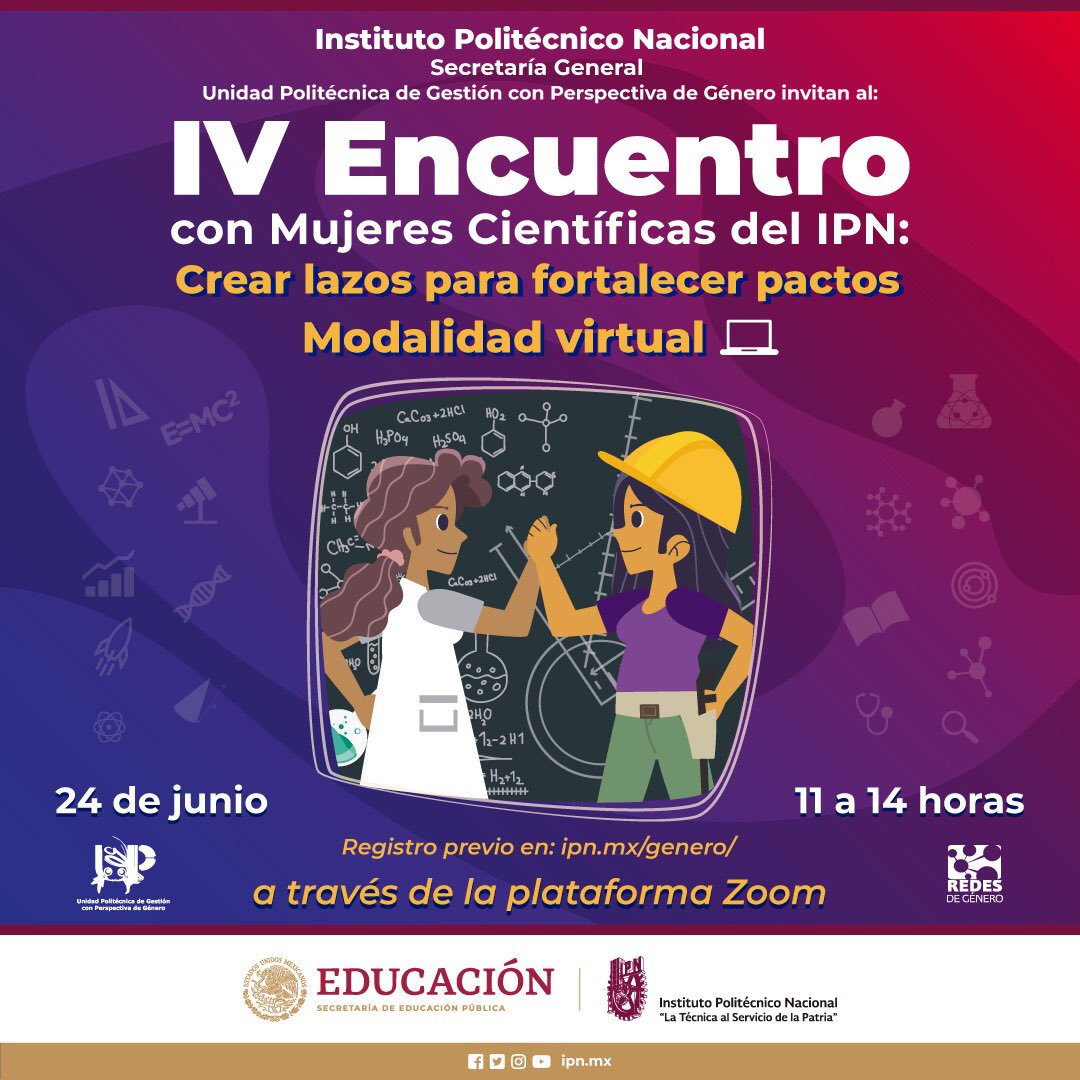 IPN (@ipn_mx) on Twitter photo El IPN te invita al IV Encuentro con Mujeres Científicas, con el tema Crear lazos para fortalecer pactos.
Participa a través de YouTube youtu.be/qzYMaB3RTxs
#MujeresEnCiencia
#SerPolitécnica
<a href="/SecretariaIPN/">Secretaría General IPN</a>
<a href="/GeneroIPN/">Unidad de Género IPN</a>
📆 24 de junio
⏰ 11:00 horas El IPN te invita al IV Encuentro con Mujeres Científicas, con el tema Crear lazos para fortalecer pactos.
Participa a través de YouTube youtu.be/qzYMaB3RTxs
#MujeresEnCiencia
#SerPolitécnica
<a href="/SecretariaIPN/">Secretaría General IPN</a>
<a href="/GeneroIPN/">Unidad de Género IPN</a>
📆 24 de junio
⏰ 11:00 horas