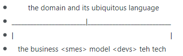 refactorfiend's tweet image. when the SMEs bring the business concepts, 
the devs bring teh tech and paradigms 
they meetup at the #domainModel 
they converse in the #ubiquitousLanguage 
then they collab to produce dope software

#ddDesign