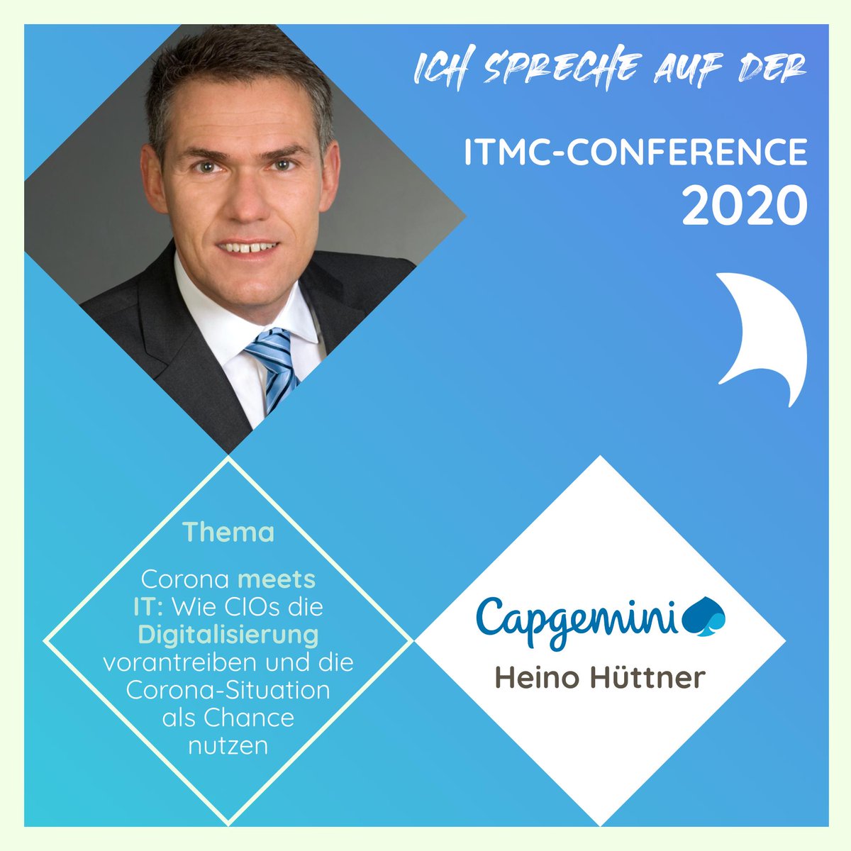Der nächste Vortrag kommt von Capgemini!
Heino Hüttner, Head of CIO Advisory Services spricht in seinem Vortrag über die Verbindung der #IT zu #Corona, und wie diese Situation auch als Chance genutzt werden kann.

Mehr dazu erfahrt ihr am 24.06 um 17:30 bei uns im Livestream!