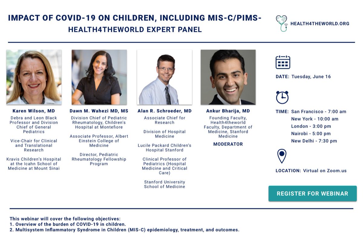 "#COVID19 - Impact on #Children and what we know about #MISC: Multisystem Inflammatory Syndrome"

Join experts Karen Wilson <a href="/MountSinaiNYC/">Mount Sinai Health System</a>, <a href="/DWahezi/">Dawn Wahezi</a> <a href="/MontefiorePeds/">Children’s Hospital at Montefiore Einstein</a>, Alan Schroeder <a href="/StanfordChild/">Stanford Children's</a> 
at <a href="/CharityH4TW/">Health4TheWorld</a> webinar Tues, June 16th, 7 am PT

Register: us02web.zoom.us/webinar/regist…