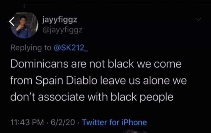 AfricaRepublic's tweet photo. #AmAfrican:
"Dominicans are  Spaniards because they were colonized by Spain "

This kid went as far as deny his Black Identity
When the Police unleash Brutality they don't care whether you are Dominican ,Puerto Rican,Jamaican or African American.
@bad_dominicana 
@jayyfiggz https://t.co/wU1bxdsgzI