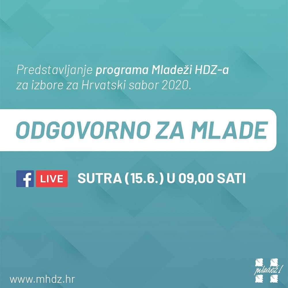 Sutra od 09,00 sati pratite UŽIVO 🎥🔴  konferenciju za medije na kojoj ćemo predstaviti program Mladeži HDZ-a za predstojeće parlamentarne izbore pod nazivom Odgovorno za mlade. Prijenos možete pratiti putem naše Facebook stranice. #SigurnaHrvatska 🇭🇷