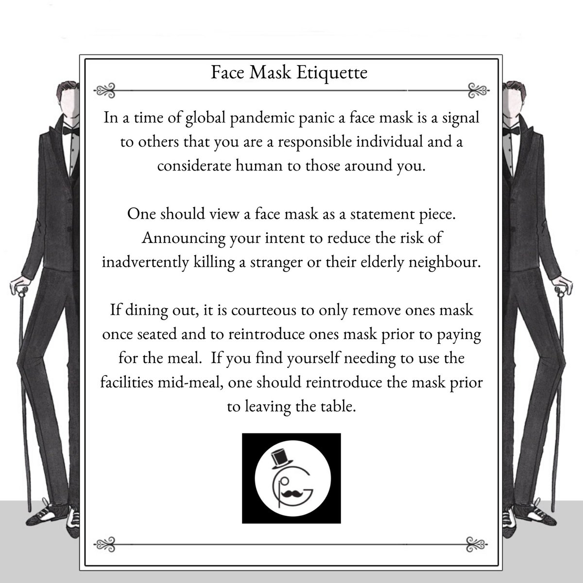 Gentessential's tweet photo. Face Mask Etiquette - tackling the pandemic threat in style.
*
*
#facemask #covid19 #pandemic #facemasketiquette #facemasktips #eatingout #etiquette #gentessential
*
📷: @henrypooleco &amp; @mathiesonandbrooketailors https://t.co/ECFuZVeGfb