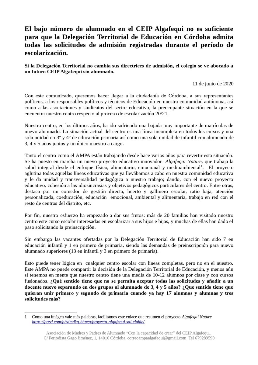 El CEIP Algafequi supera con creces el nº de solicutudes respecto nº de vacantes.  Ante la respuesta negativa de Delegación Territorial de Educación de admitir todas las solicitudes, el AMPA lanza este comunicado al cual se han sumado ya 39 colectivos ¿te sumas? #EducaciónPública