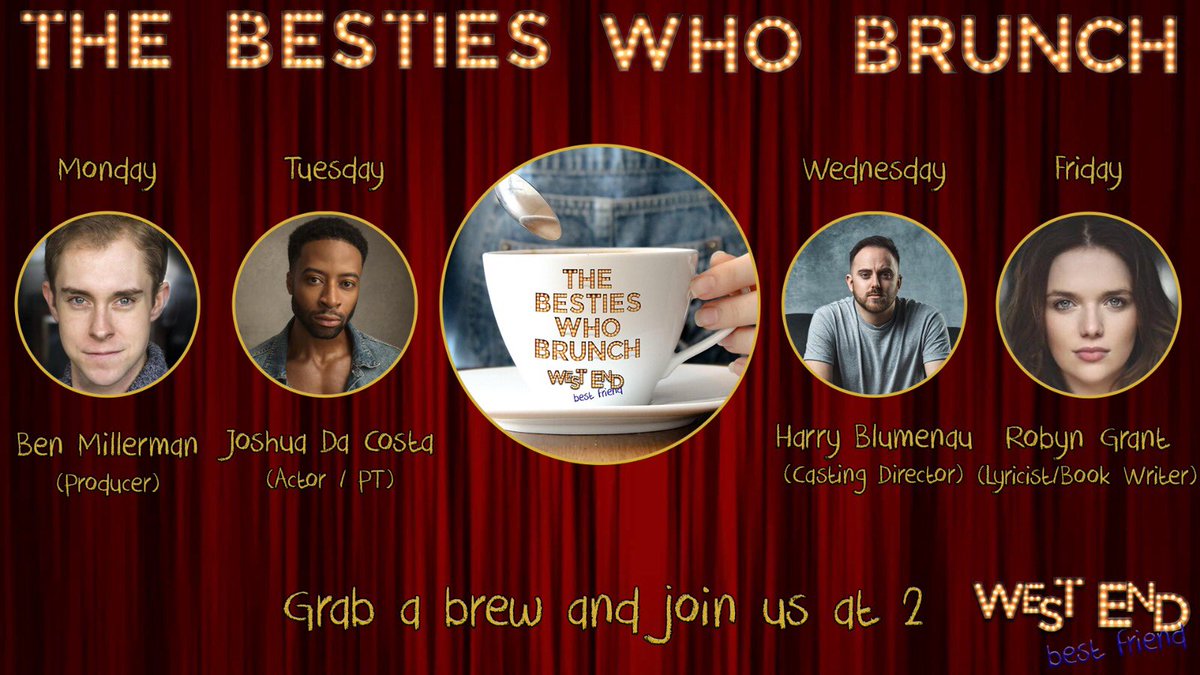 Besties, don’t we have an awesome line up for #TheBestiesWhoBrunch this week? 

Monday - <a href="/MrMillermanPres/">MrMillerman Presents</a> 
Tuesday - @MrJoshuaDaCosta 
Wednesday - <a href="/harryblumenau/">HJB - CDG CDA</a> 
Friday - <a href="/MsRobynGrant/">Robyn Grant</a> 

We have producers, actors, personal trainers, casting directors, directors &amp; writers 🥰