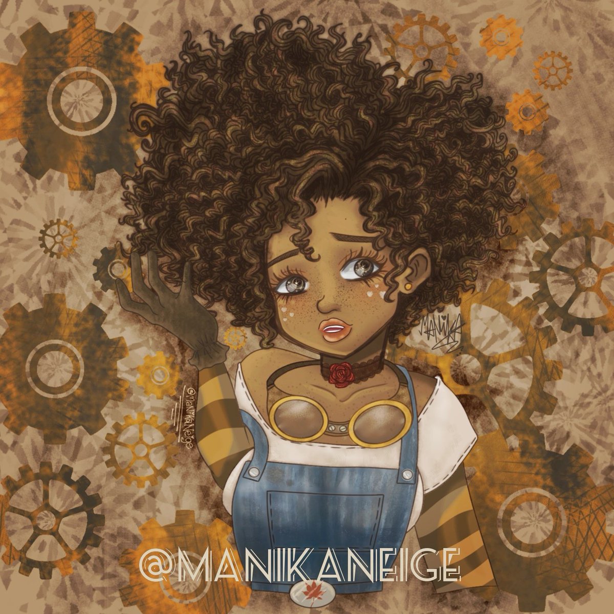 ManikaNeige's tweet photo. I was redesigning a character &amp; was inspired by many things, mostly by @Nai_BrXX's music &amp; album covers.

I've included close ups of details I'm proud of +references and it took nearly 9hours to draw each strand of hair 😭

#steampunk #blackanimecharacter #ibisPaintX #naturalhair https://t.co/Nr1MR1Ouru
