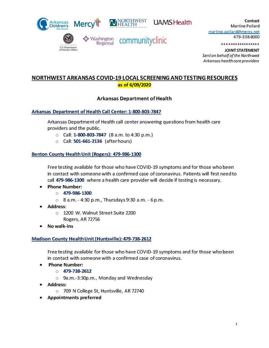 BentonCoAR's tweet photo. There are a number of #COVID19 testing sites available right now. Please share this information so we can keep our community safe. (1/2)#COVID19Ark #COVID19 #NWArk https://t.co/saOsEMHn9i