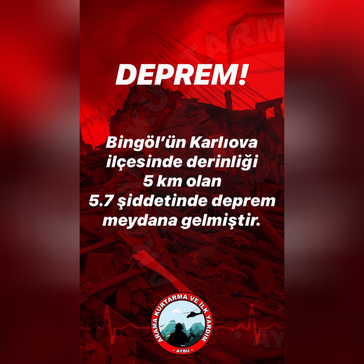 Bingöl’ün Karlıova ilçesinde 5 km derinlikte, 5.7 şiddetinde deprem meydana gelmiştir. Bölgeye 109 kişilik AFAD, UMKE, 112 Acil, İtfaiye, Jandarma ekipleri, 26 araçla sevk edilmiştir. Bölgede arama kurtarma faaliyetleri sürmektedir. Vatandaşlarımıza geçmiş olsun. #deprem #bingöl