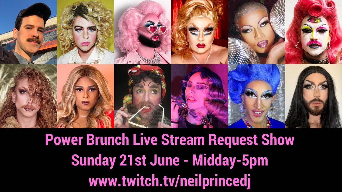 neilprincedj's tweet photo. Playing all your power ballad &amp; love song requests on https://t.co/U37Qp82GDw 12-5pm next Sunday &amp; picking theirs: #MissCraig @MissTaylorTrash @justmaydoes @MandellaRaven #WandaWhatever @SueGivesAFuck @BeyonceEXP @mstimberlina @ripleydragqueen @CrayolaTheQueen &amp; #BeverlySchlump! https://t.co/hxm6xB9aTR