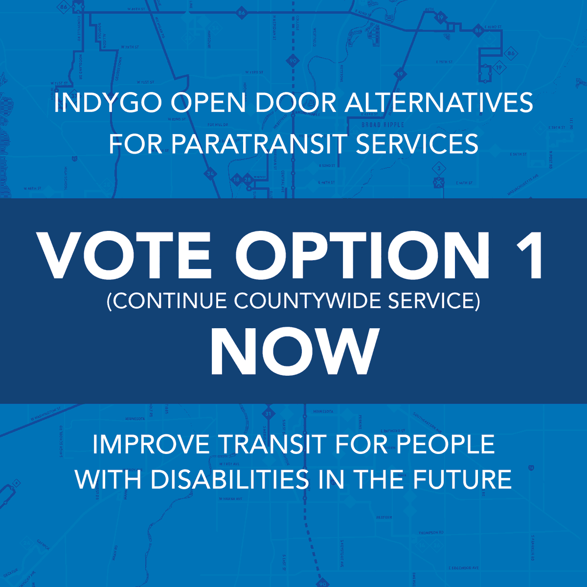 schlege2's tweet image. Support for Option 1 is support for Hoosiers with disabilities. On June 25th, encourage IndyGo's board of directors to support Option 1, which keeps countywide transit available without a price increase to Indianapolis' disabled community.  #firstclasscity #transitforall #indy