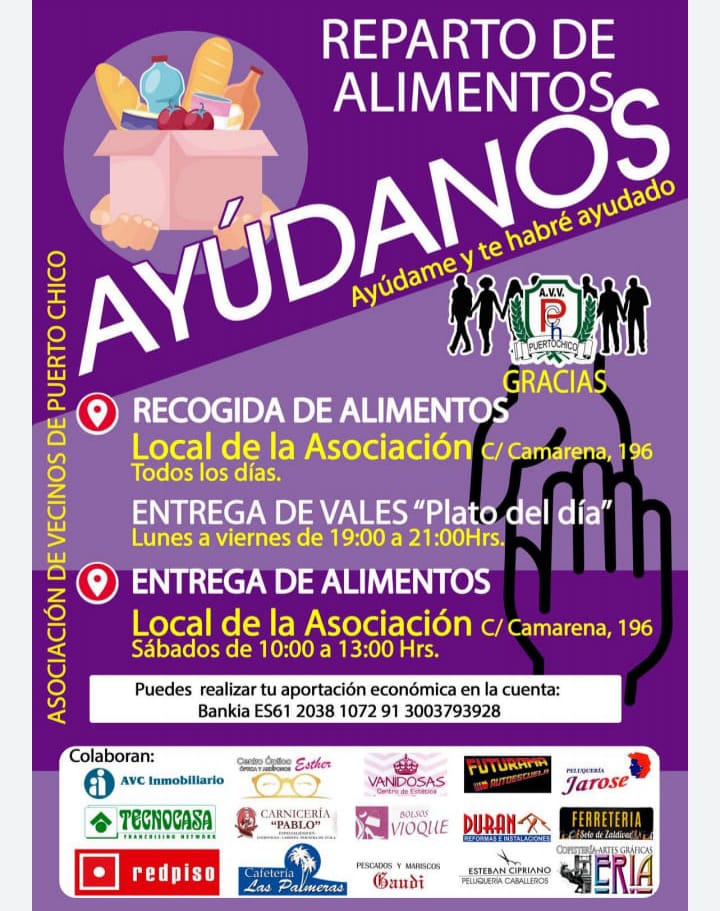 CrisMG_'s tweet photo. AYÚDAME A AYUDAR! 
Desde varias asociaciones de Madrid, se está gestionando el reparto de alimentos a las familias más vulnerables. En Aluche, la asociación Puerto Chico está colaborando para poder ayudar a estas familias.
Comparte el mensaje y/o aporta para poder seguir ayudando https://t.co/bNsoO3vELx