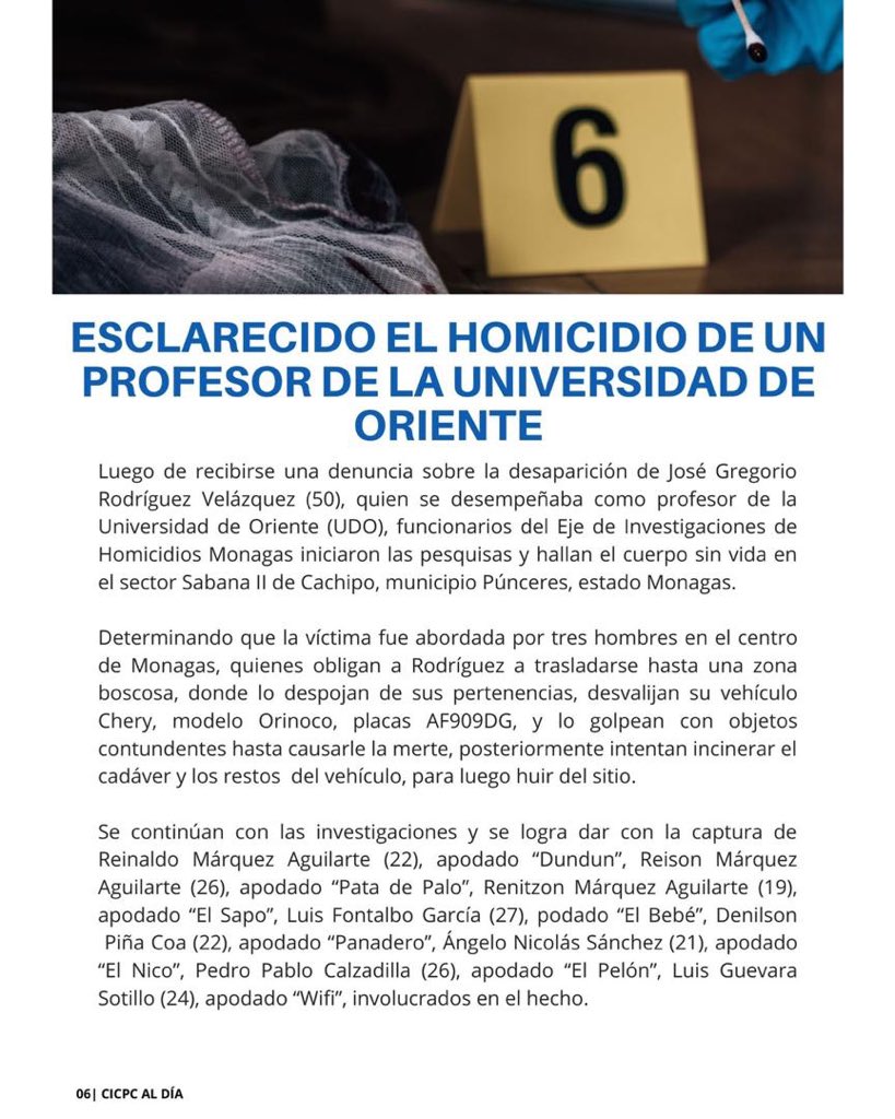 Esclarecido el Homicidio de un profesor de la Universidad de Oriente en Monagas. #Cicpc instagram.com/p/CBbNwz8B5TP/…