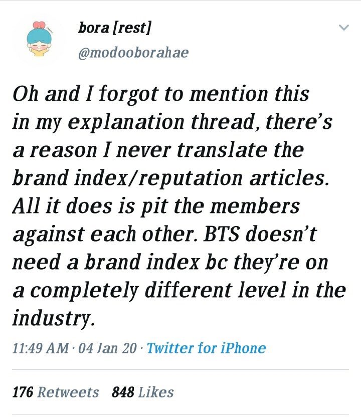 Bora has refused to translate articles about J/M. She also refuses to translate BR articles because it “pits the members against each other” but had no problem translating the most handsome faces of 2019, which also pits the members against each other. Hypocrisy at its finest.