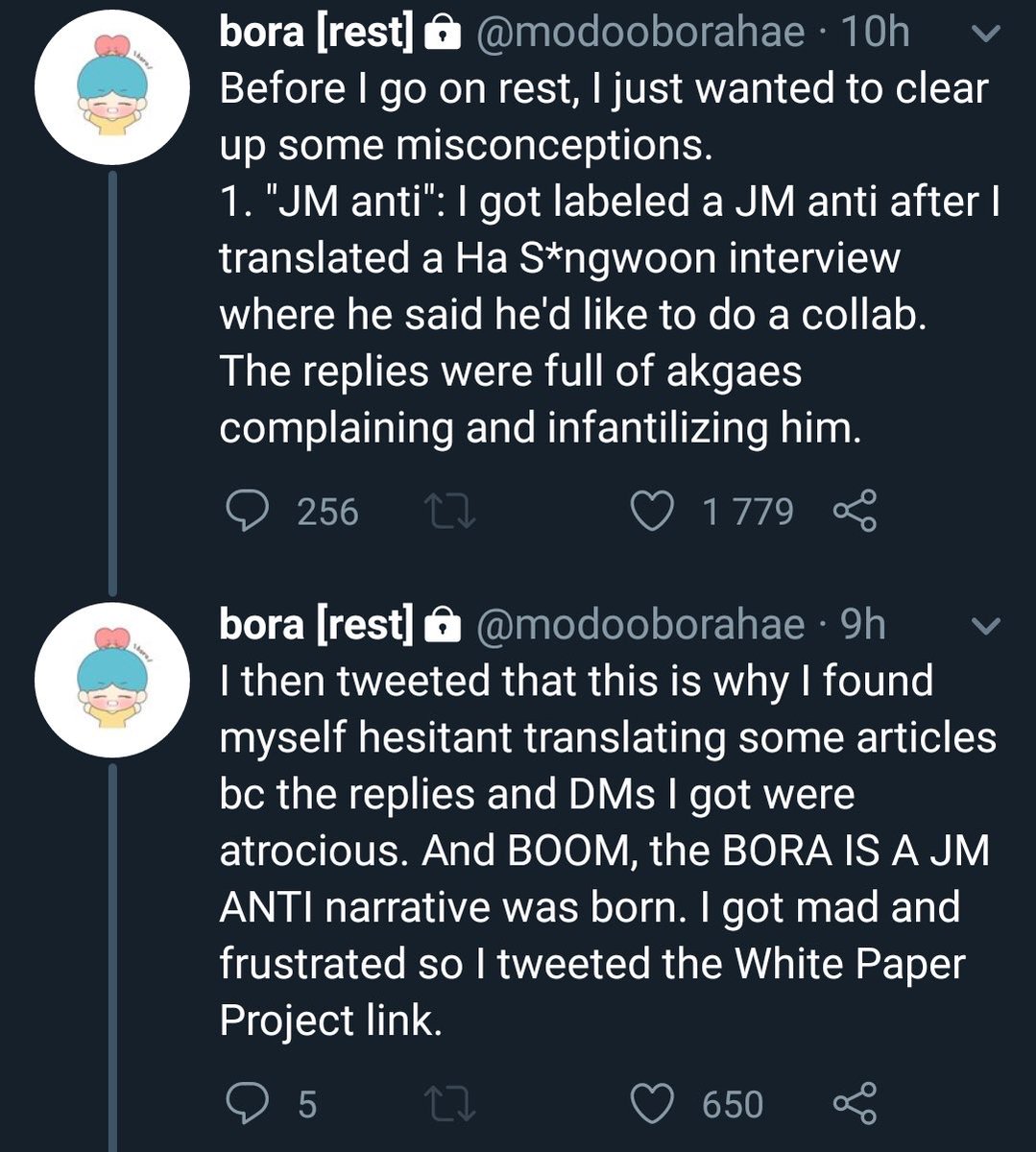 TW: de@th thre@ts When Bora got mad, she brought back the white paper project (which revolves around Nov 2018/the shirt issue) to “prove” she’s not a J/M anti. If he mattered to her more than her reputation she wouldn’t have done it at all. She should know that he received