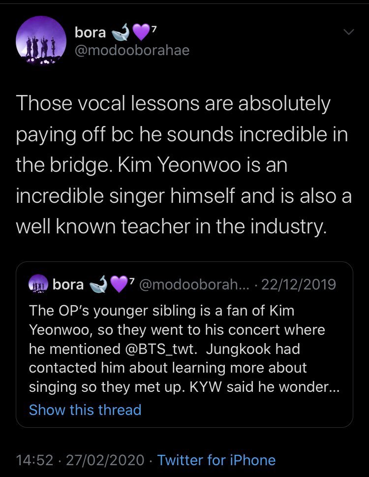 Bora discrediting J/K once again. She’s putting all the credit on his unofficial vocal teacher than J/K himself. J/K has already had vocal lessons since pre-debut, so it doesn’t make sense why she would give Kim Yeonwoo all the credit.