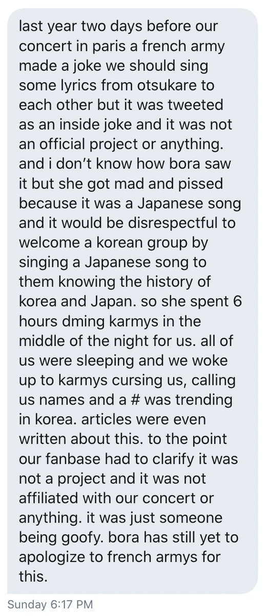 Bora caused a huge rift between K-ARMYs and French ARMYs that even caught the attention of the media. Only when she was called out, she backtracked and claimed she did nothing wrong, but her story is really inconsistent and she has no receipts to prove it.