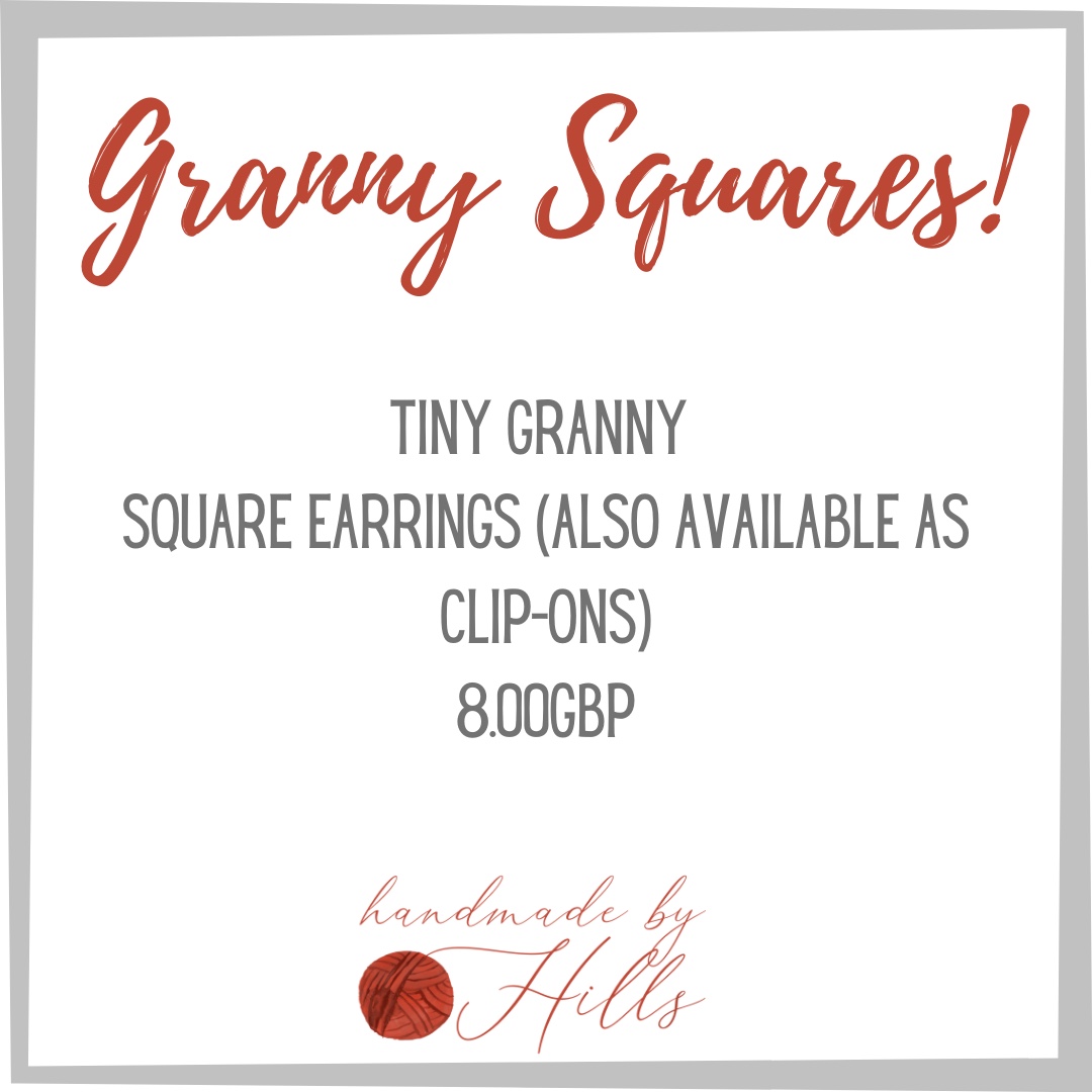 GRANNY SQUARES!

Tiny 2cm granny square earrings in 3 vibrant colours. Perfect for your crochet loving friends. Can be made in other colours just send me a message 
#handmadeindoors