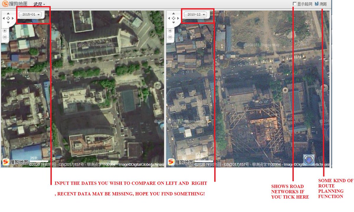 35/ OSINT for China -Wechat/Weixin MapsHere is the side by side view of the Satellite map for WCDC showing 2010 and 2015 (later dates are not available for this location) http://map.sogou.com/hybrid.html#city=%25u6B66%25u6C49,12719164.0625,3560990.234375,18