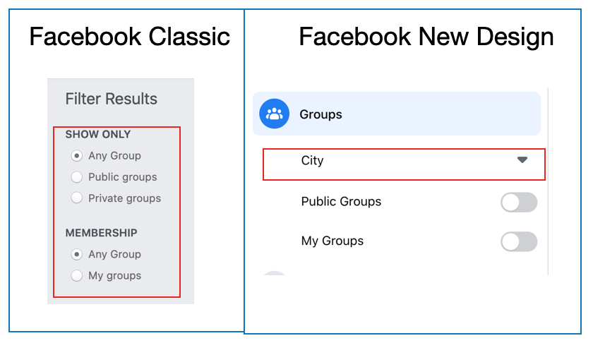 Searching for groups? Use the New Design, you'll be also able to filter on 'City'