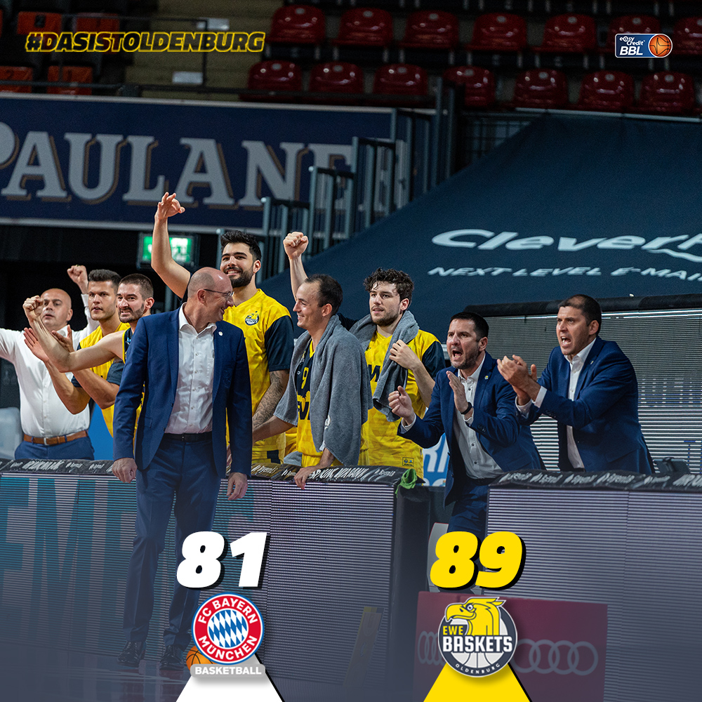 EWE_Baskets's tweet photo. Ein Statement unseres Teams! Wir kommen nach 10 Punkten Rückstand zurück, besiegen den @fcb_basketball und holen uns so den 2. Platz in Gruppe A. Topscorer: @boothe53 (17), Robin Amaize (15) #dasistOldenburg https://t.co/n8Q95KBThn
