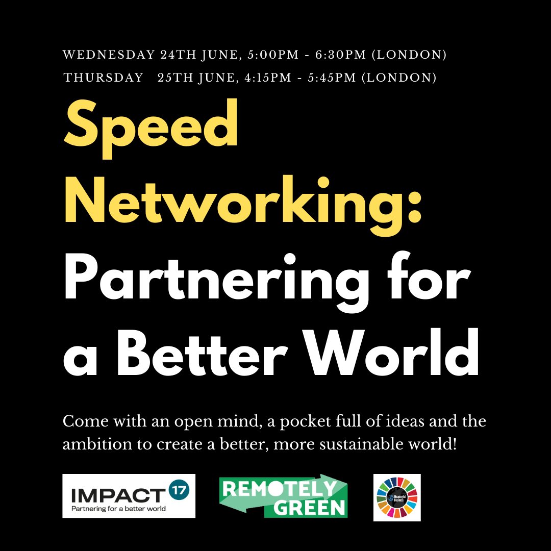 Alliance4Impact (@a4impact) on Twitter photo Please join us and <a href="/RemotelyGreen/">RemotelyGreen</a> for our TWO “speed networking” sessions. We are offering two sessions: June 24th at 5:00pm and June 25th at 4:15pm (BST). More info to come!
June 24th Registration = lnkd.in/g4EpMFv
June 25th Registration = lnkd.in/g26aiqH Please join us and <a href="/RemotelyGreen/">RemotelyGreen</a> for our TWO “speed networking” sessions. We are offering two sessions: June 24th at 5:00pm and June 25th at 4:15pm (BST). More info to come!
June 24th Registration = lnkd.in/g4EpMFv
June 25th Registration = lnkd.in/g26aiqH
